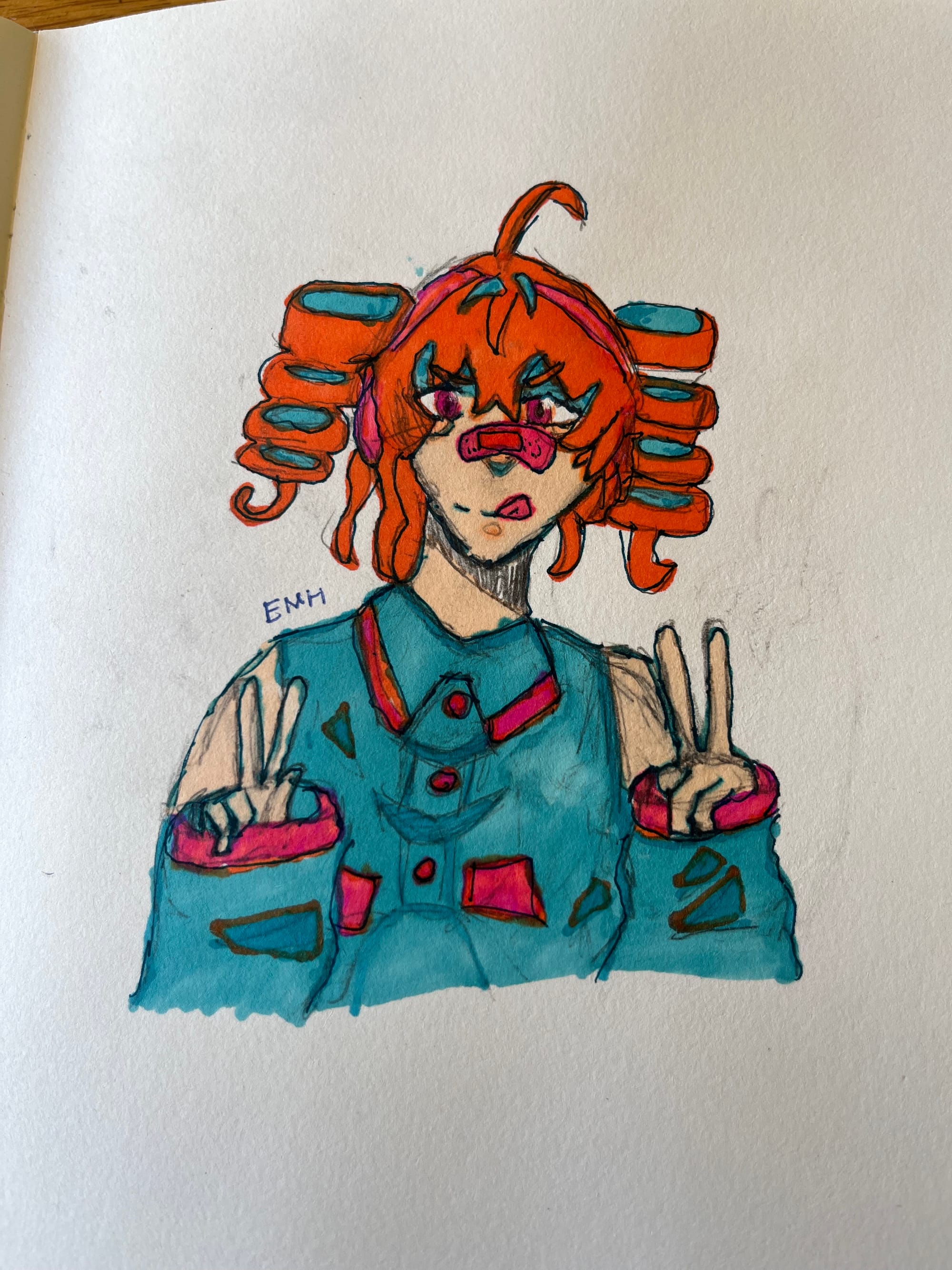 Hand drawn person with orange curly hair, poking out their tongue and holding fingers up in peace signs